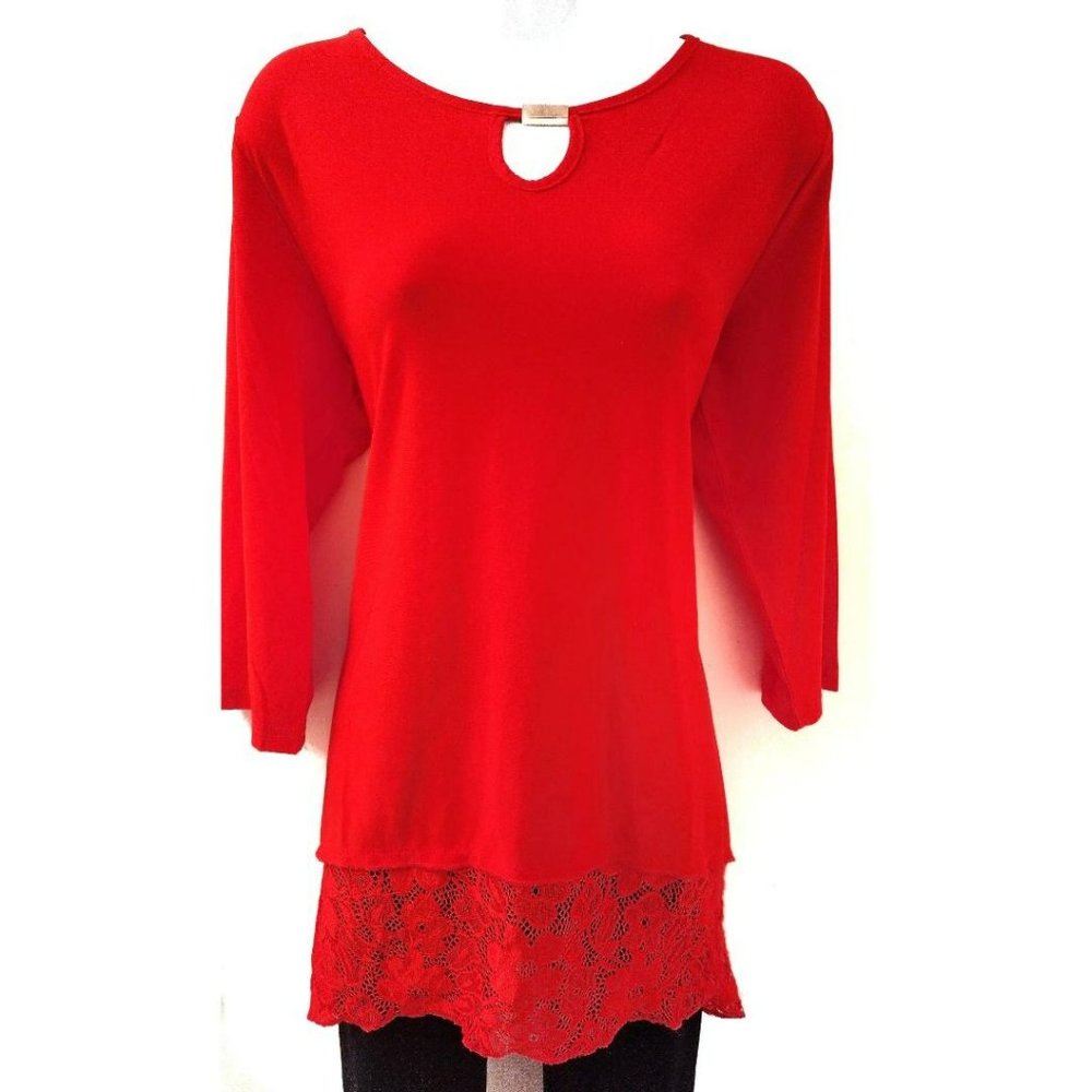 Creation - Women's Red Lace Hem Trim Blouse Dress